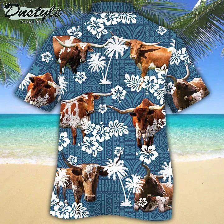 Tx Longhorn Cattle Lovers Blue Tribal Hawaiian Shirt