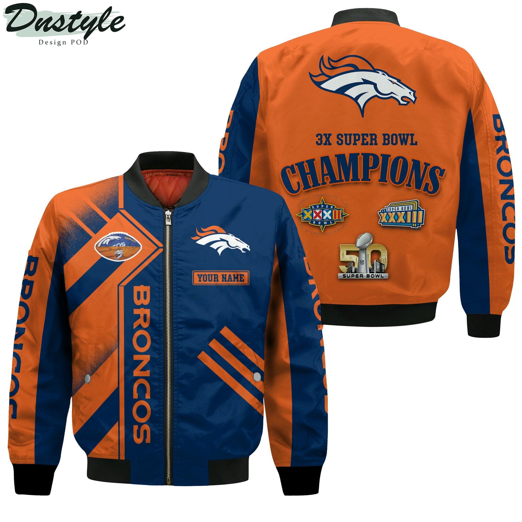 Denver Broncos NFL 3X Super Bowl Champions Custom Name Bomber Jacket