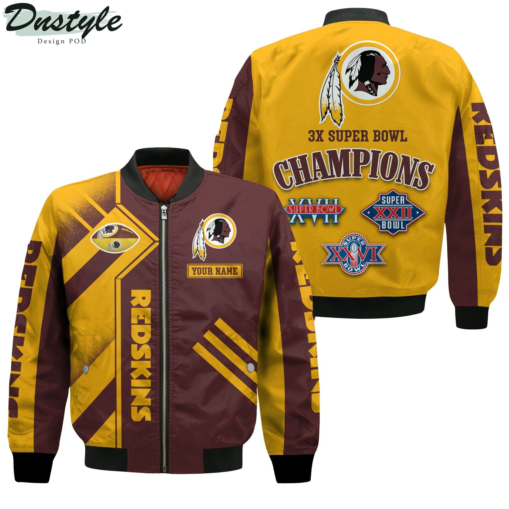 Washington Redskins NFL 3X Super Bowl Champions Custom Name Bomber Jacket