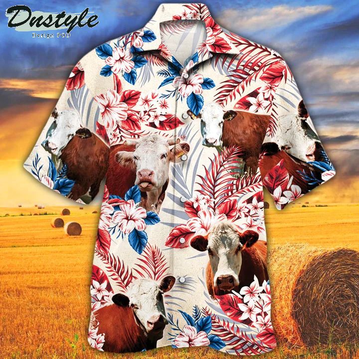 Hereford Cattle Lovers American Flag Hawaiian Shirt