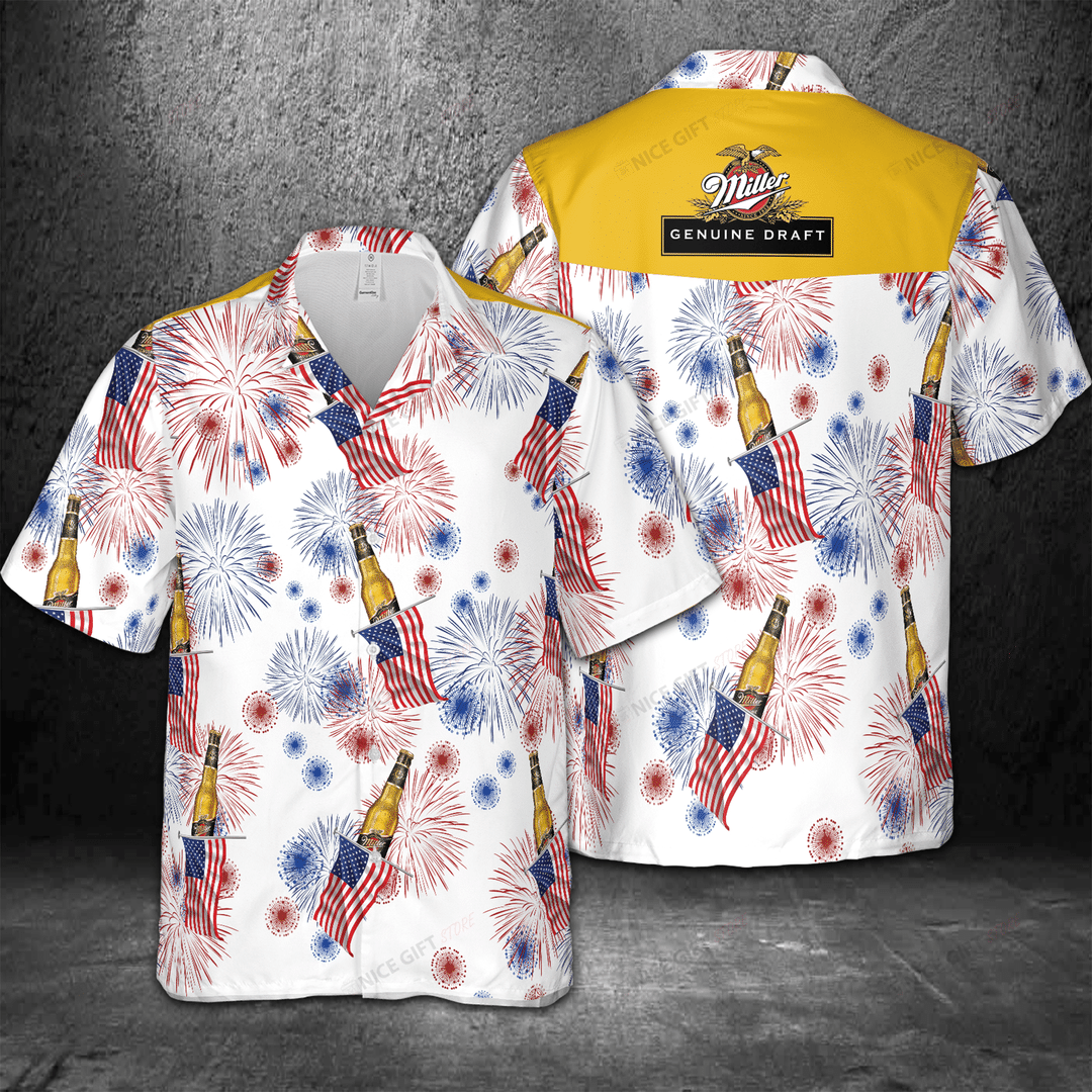 Miller Genuine Draft American Flag Fireworks Hawaiian Shirt