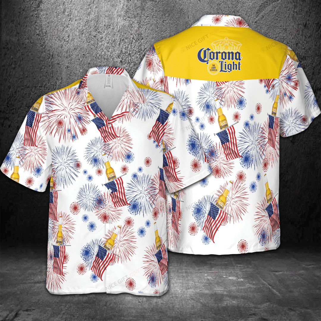 Corona Light American Flag Fireworks Hawaiian Shirt