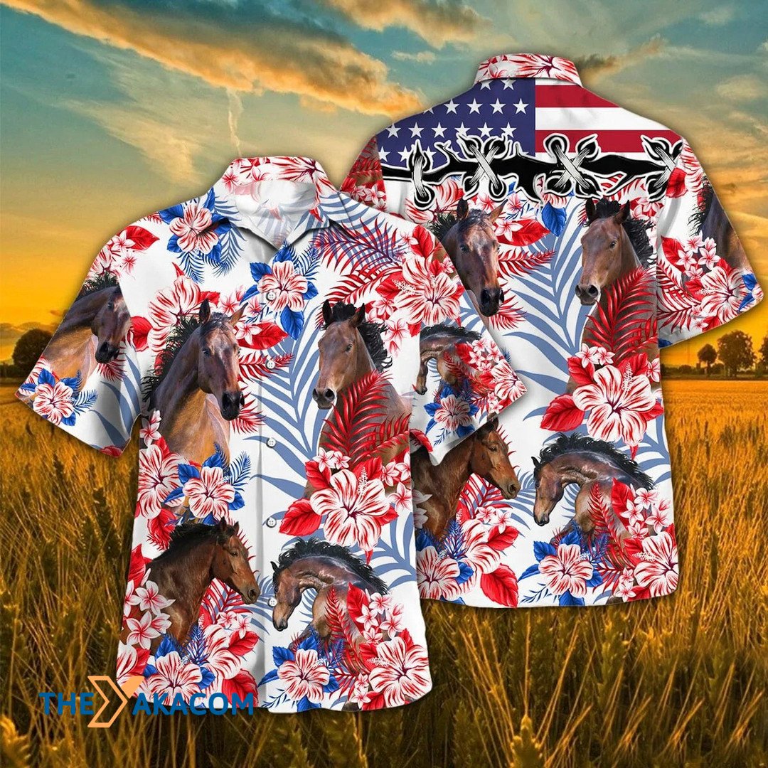 Independence Day Horse Tropical Plant Hawaiian Shirt
