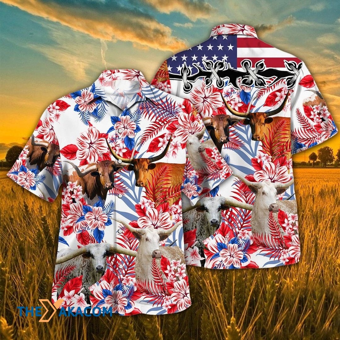 Independence Day Texas Longhorn Cattle Tropical Plant Hawaiian Shirt