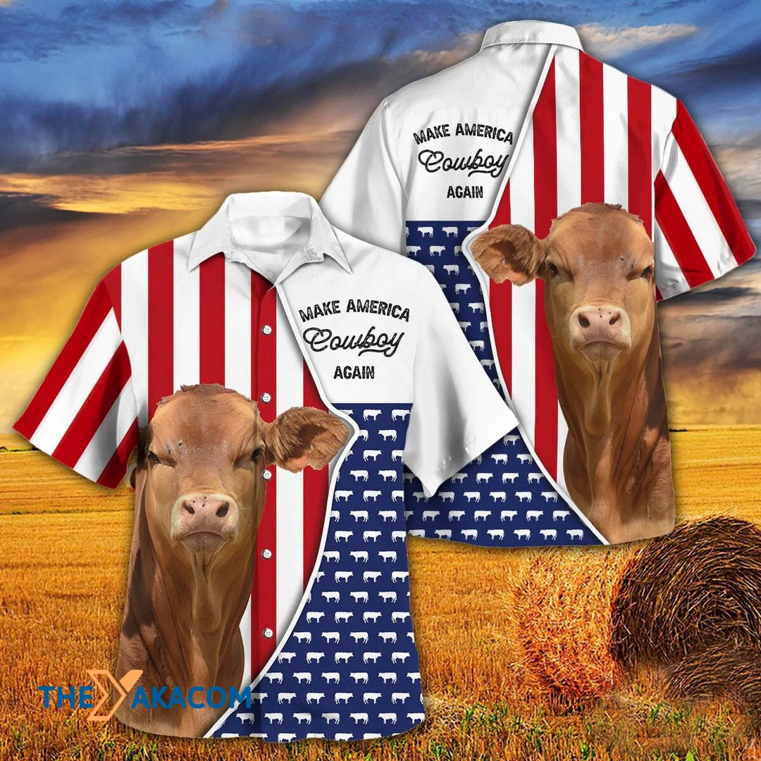 Independence Day Beefmaster Cattle Make America Cowboy Again Hawaiian Shirt
