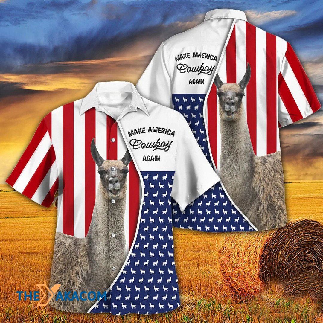 Independence Day Llama Make America Cowboy Again Hawaiian Shirt