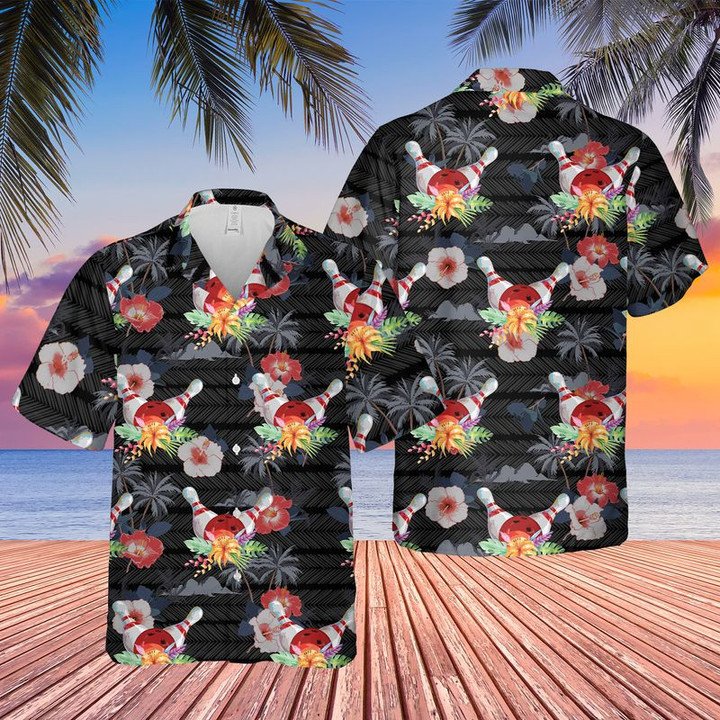 Bowling Black Background Hawaiian Aloha Shirt