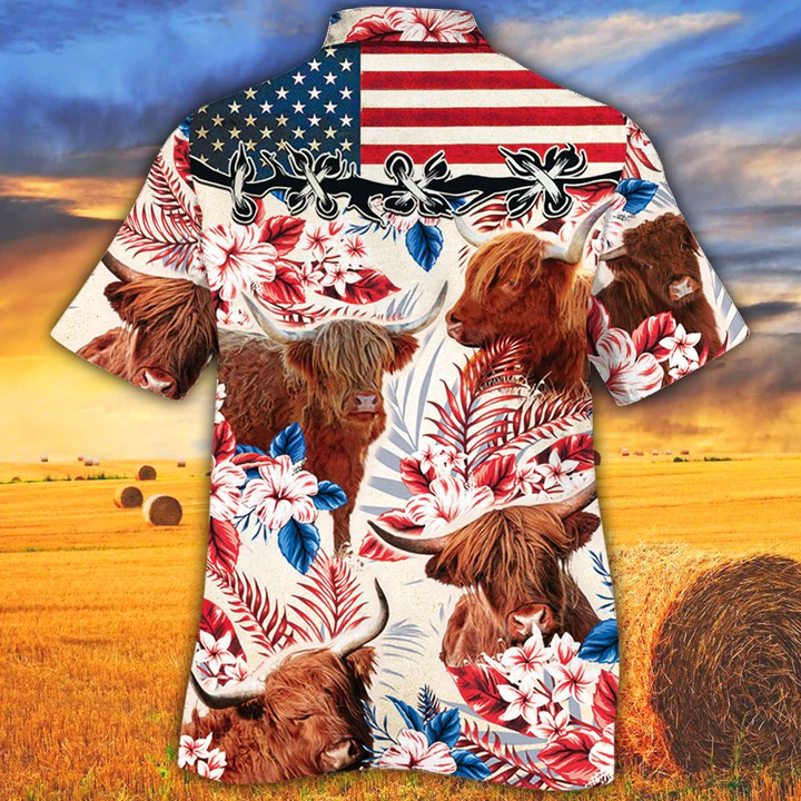 Highland Cattle Flower American Flag Hawaiian Shirt
