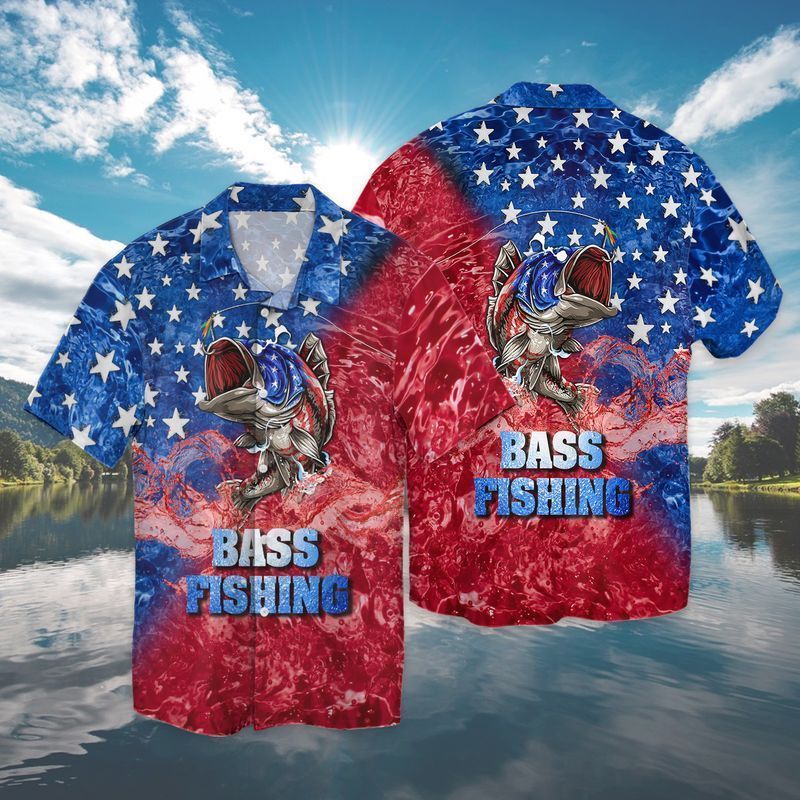 The Independence Day Bass Fishing American Flag Hawaiian Shirt
