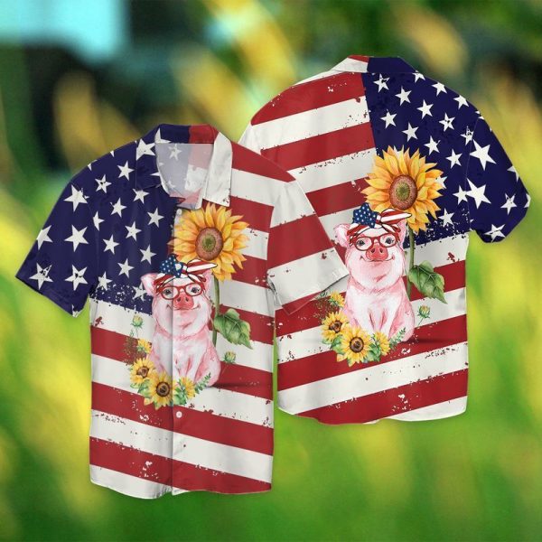 American Love Pig With Sunflower Independence Day Hawaiian Shirt