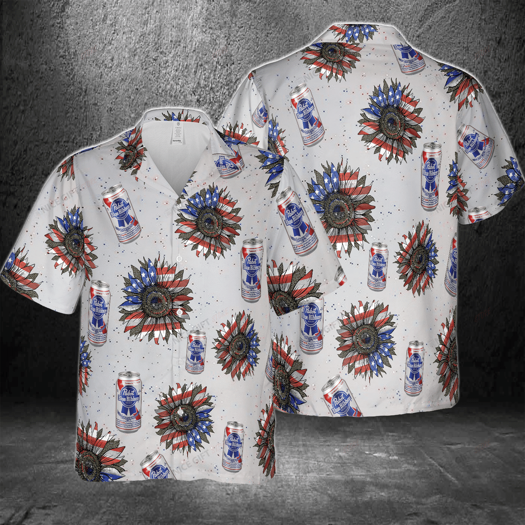 Pabst Blue Ribbon Sunflowered Red White Blue 4th Of July Hawaiian Shirt