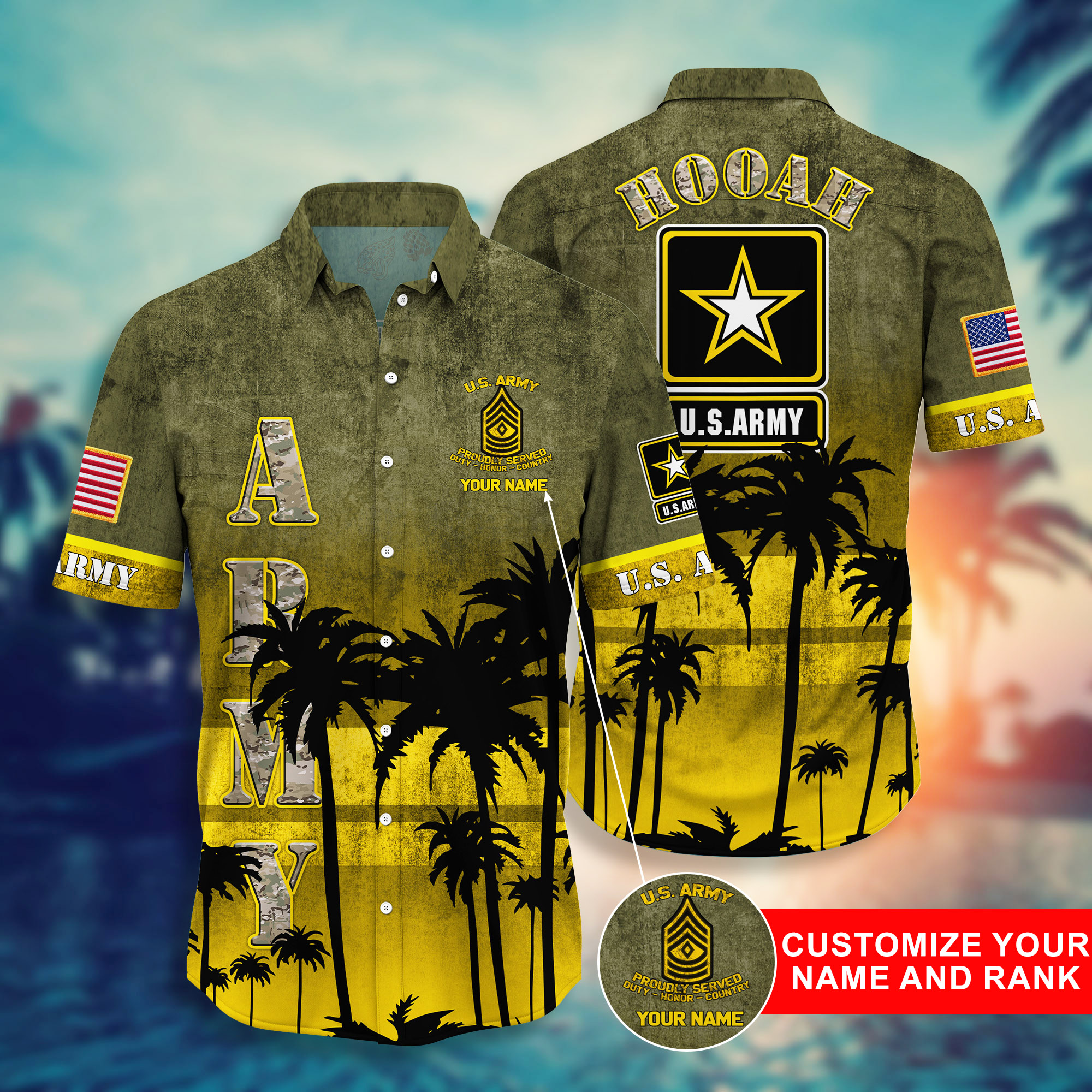 Army Military Custom Name And Rank Hawaiian Shirt