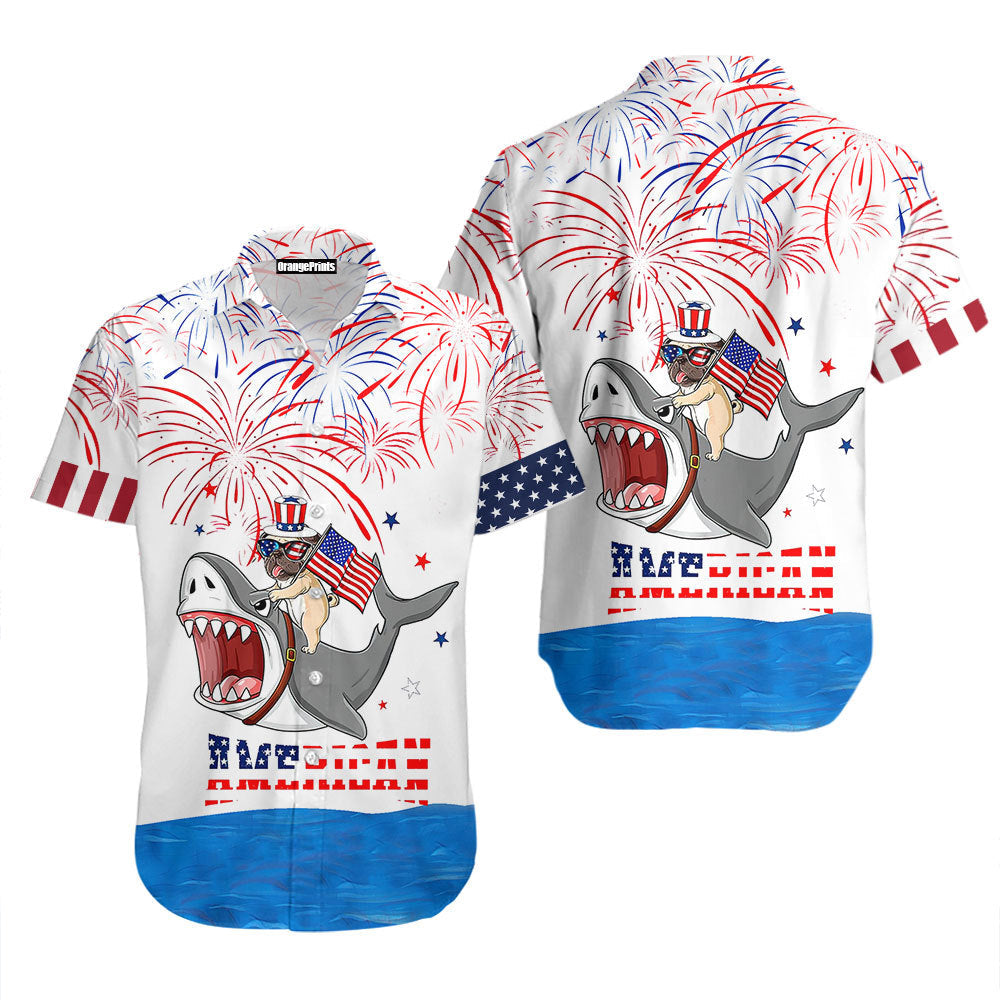 Puppy Riding Shark With American Flag Firework Hawaiian Shirt