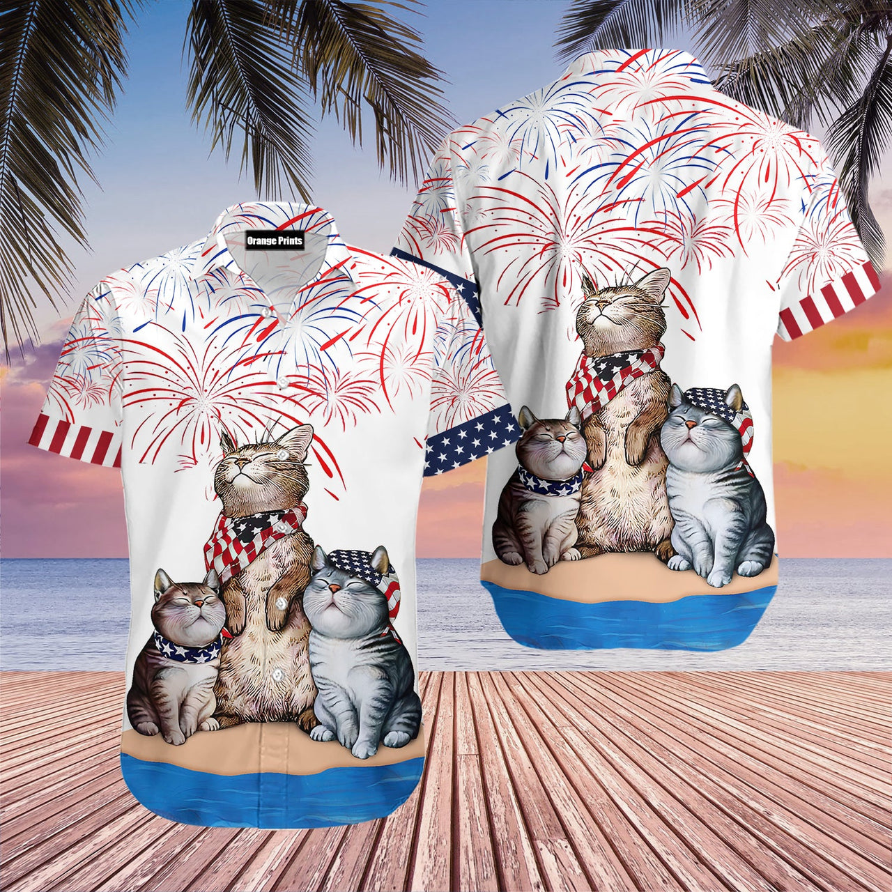 Cat American Flag Firework Hawaiian Shirt