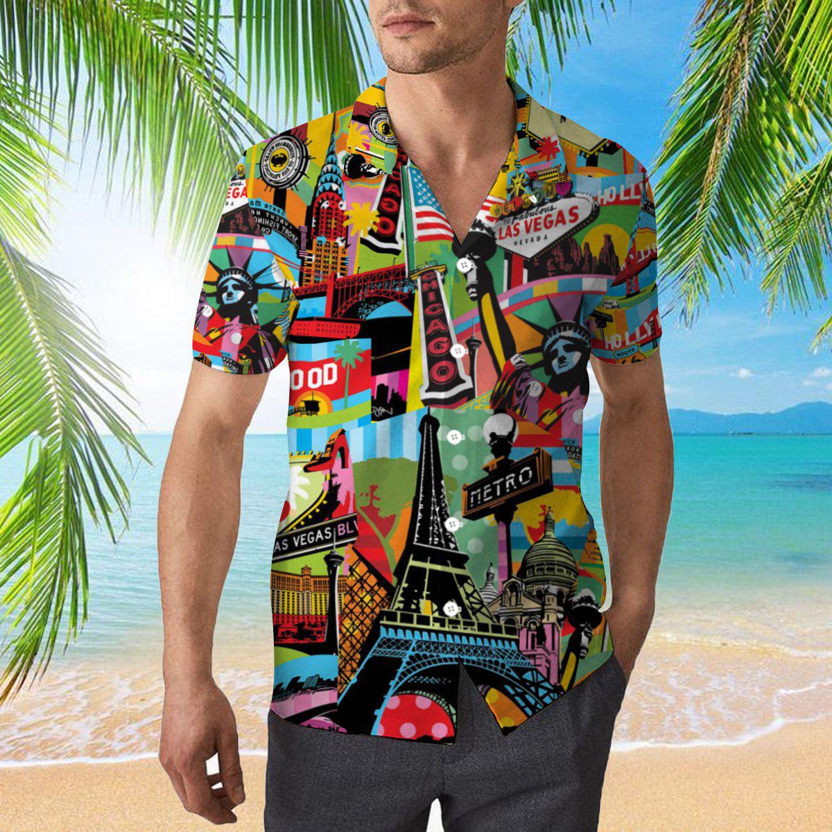 Colorful Las Vegas City American Flag Hawaiian Shirt