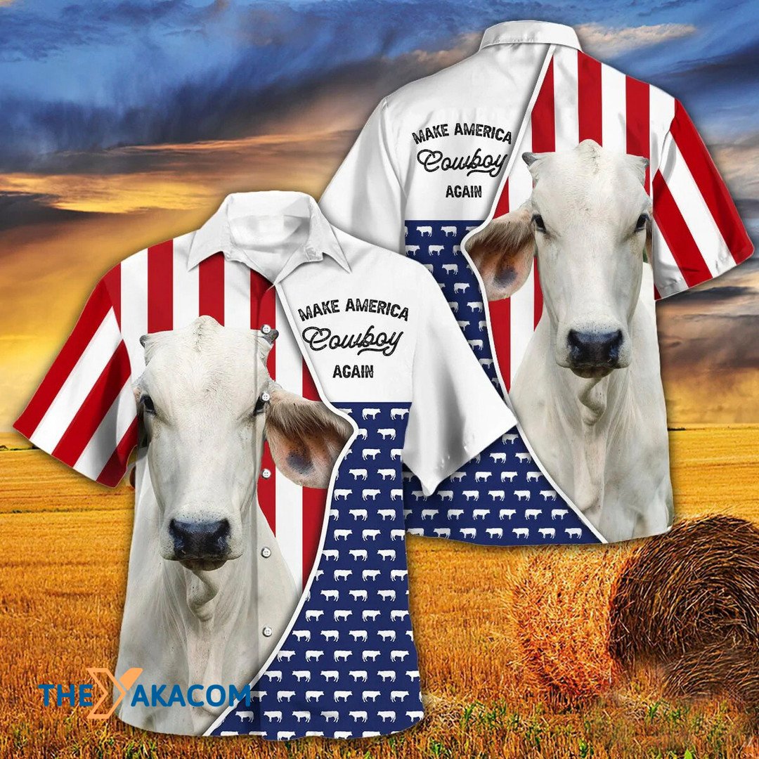 Independence Day Brahman Cattle Make America Cowboy Again Hawaiian Shirt