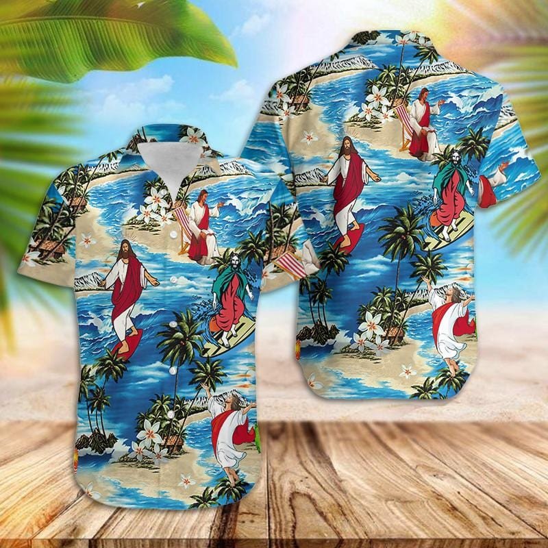 Jesus Surfing Summer Tropical Hawaiian Shirts