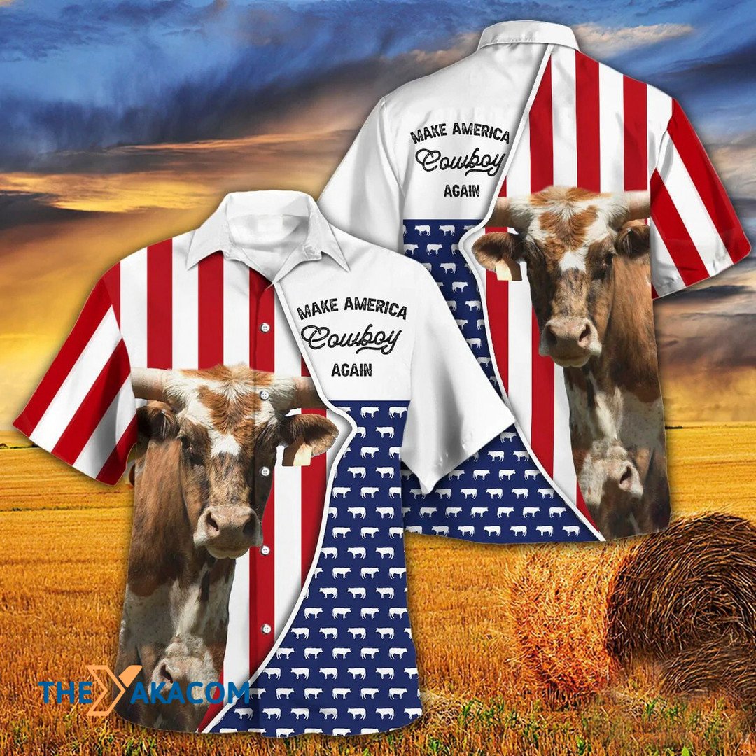 Independence Day Texas-Longhorn Cattle Make America Cowboy Again Hawaiian Shirt