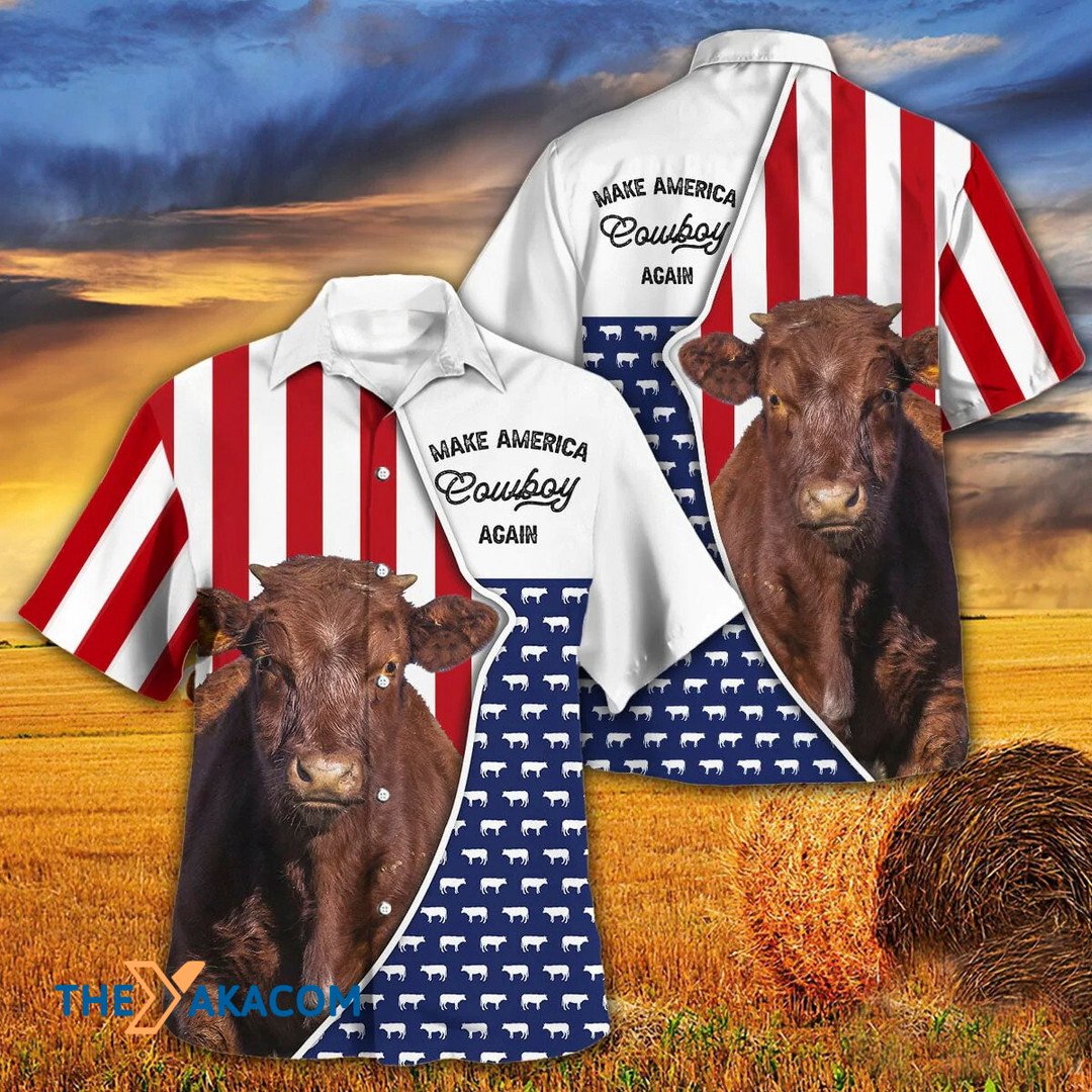 Independence Day Shorthorn Cattle Make America Cowboy Again Hawaiian Shirt