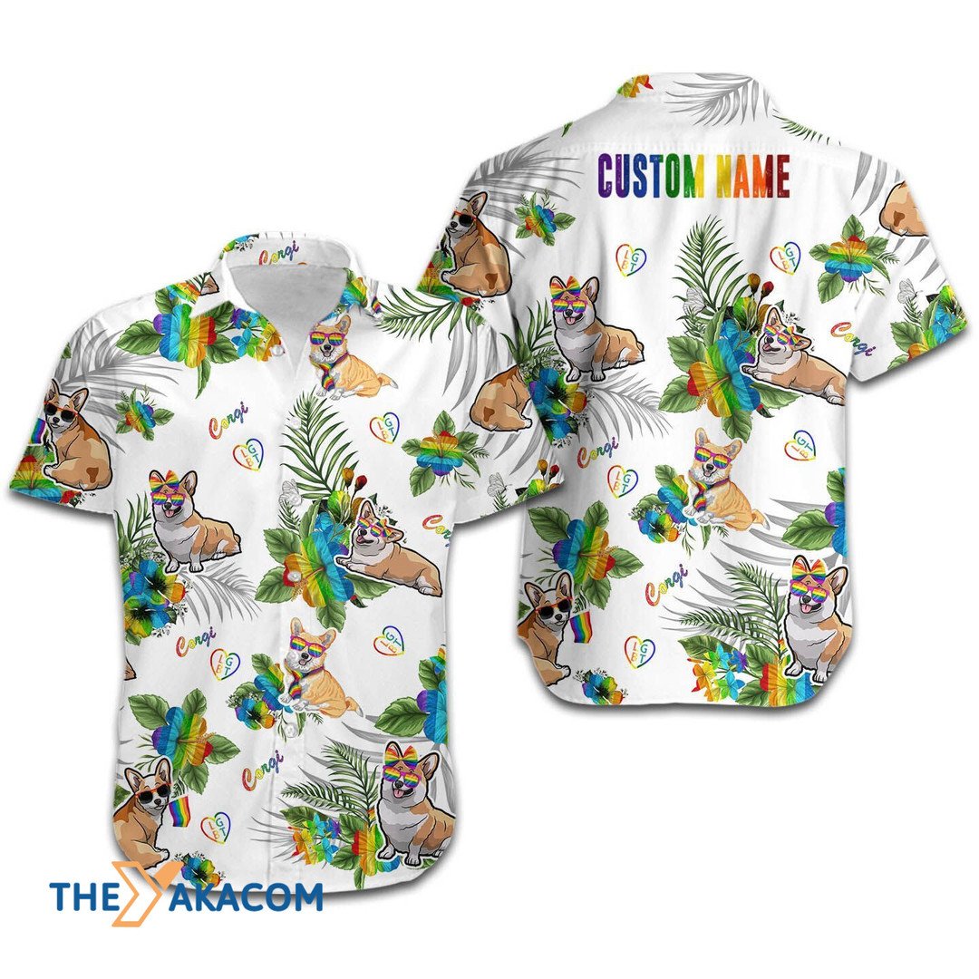 Corgi Dog Rainbow LGBT Community Pride Month Custom Name Hawaiian Shirt
