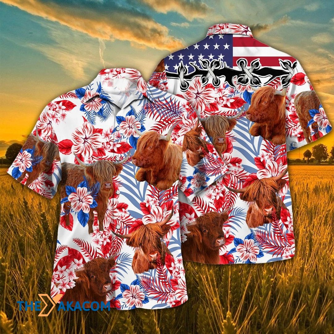 Independence Day Highland Cattle Tropical Plant Hawaiian Shirt