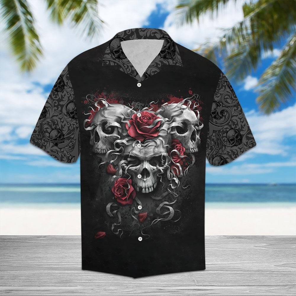 Scary Trio Skull Red Roses Hawaiian Shirts