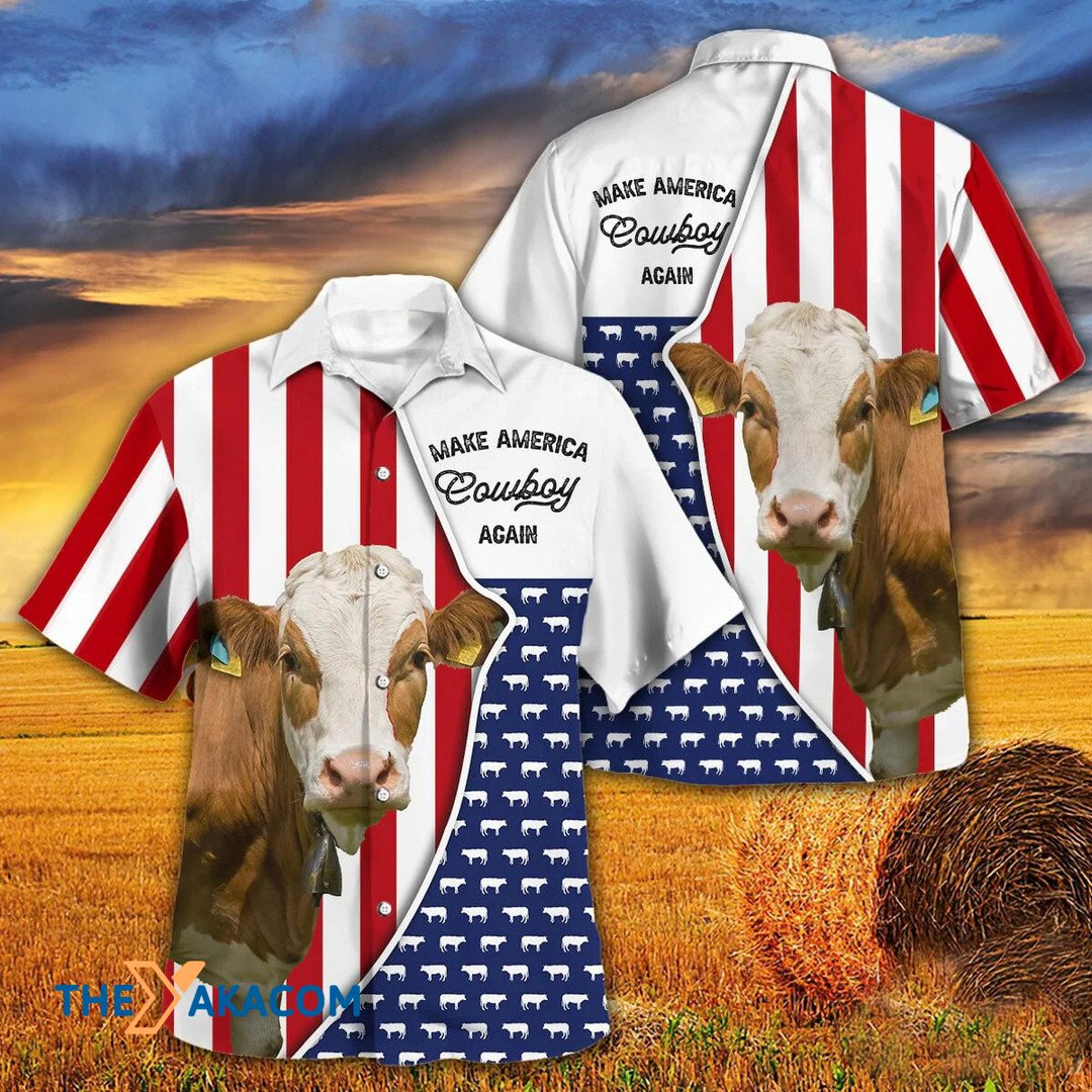 Independence Day Simmental Cattle Make America Cowboy Again Hawaiian Shirt