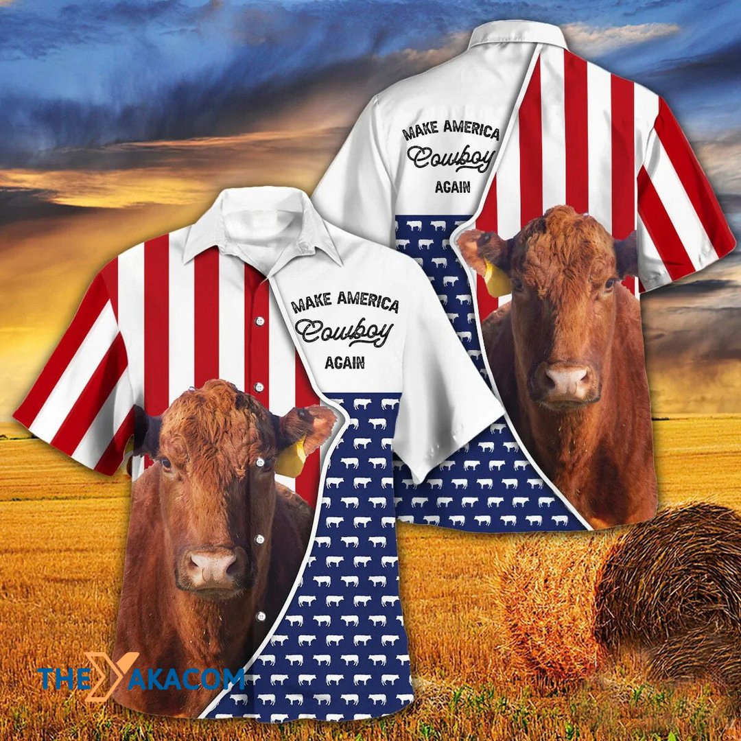 Independence Day Red Angus Cattle Make America Cowboy Again Hawaiian Shirt