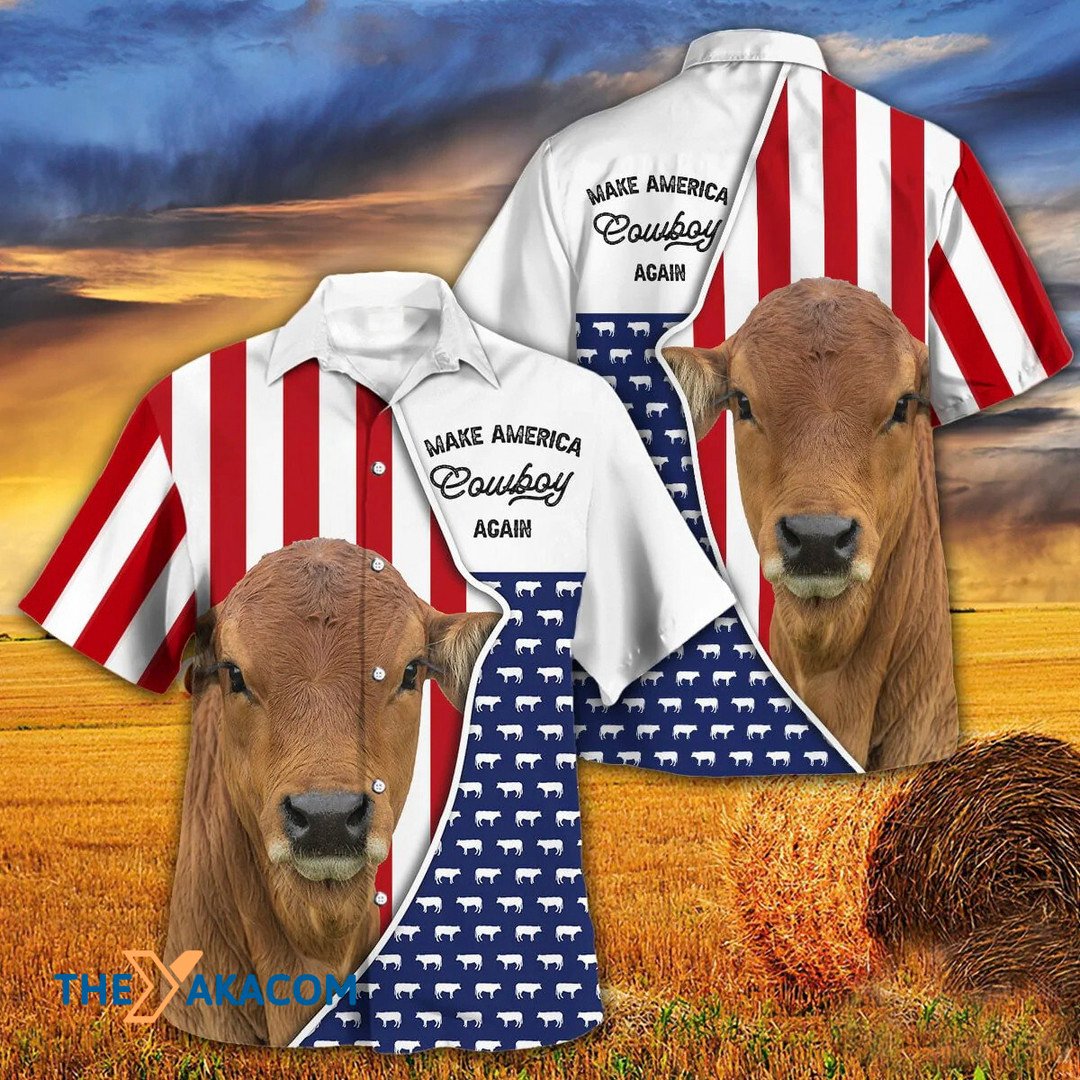 Independence Day Gelbvieh Cattle Make America Cowboy Again Hawaiian Shirt