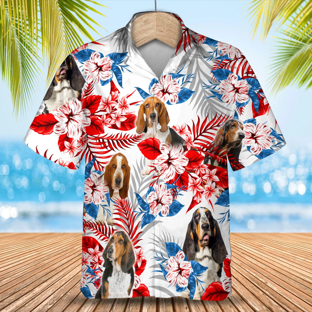 Basset Hound Flower American Flag Hawaiian Shirt