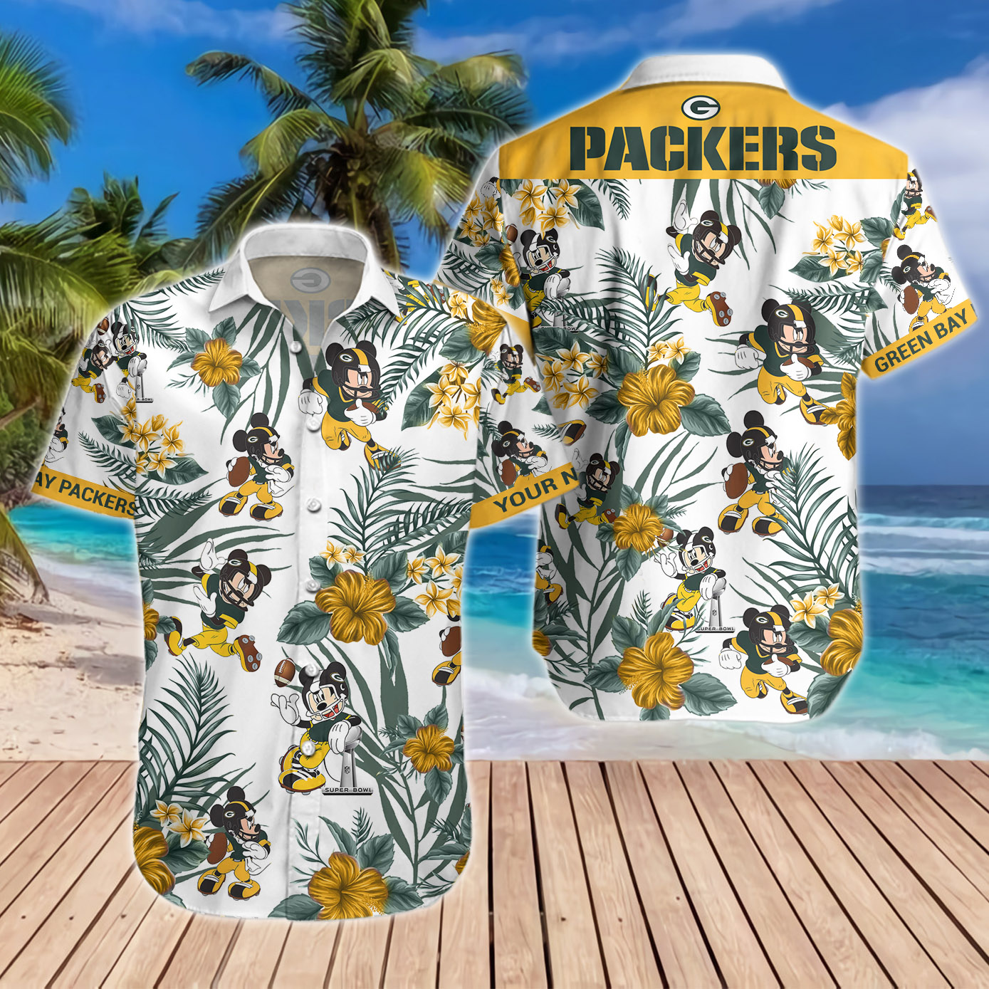 Green Bay Packers Mickey Custom Name Hawaiian Shirt