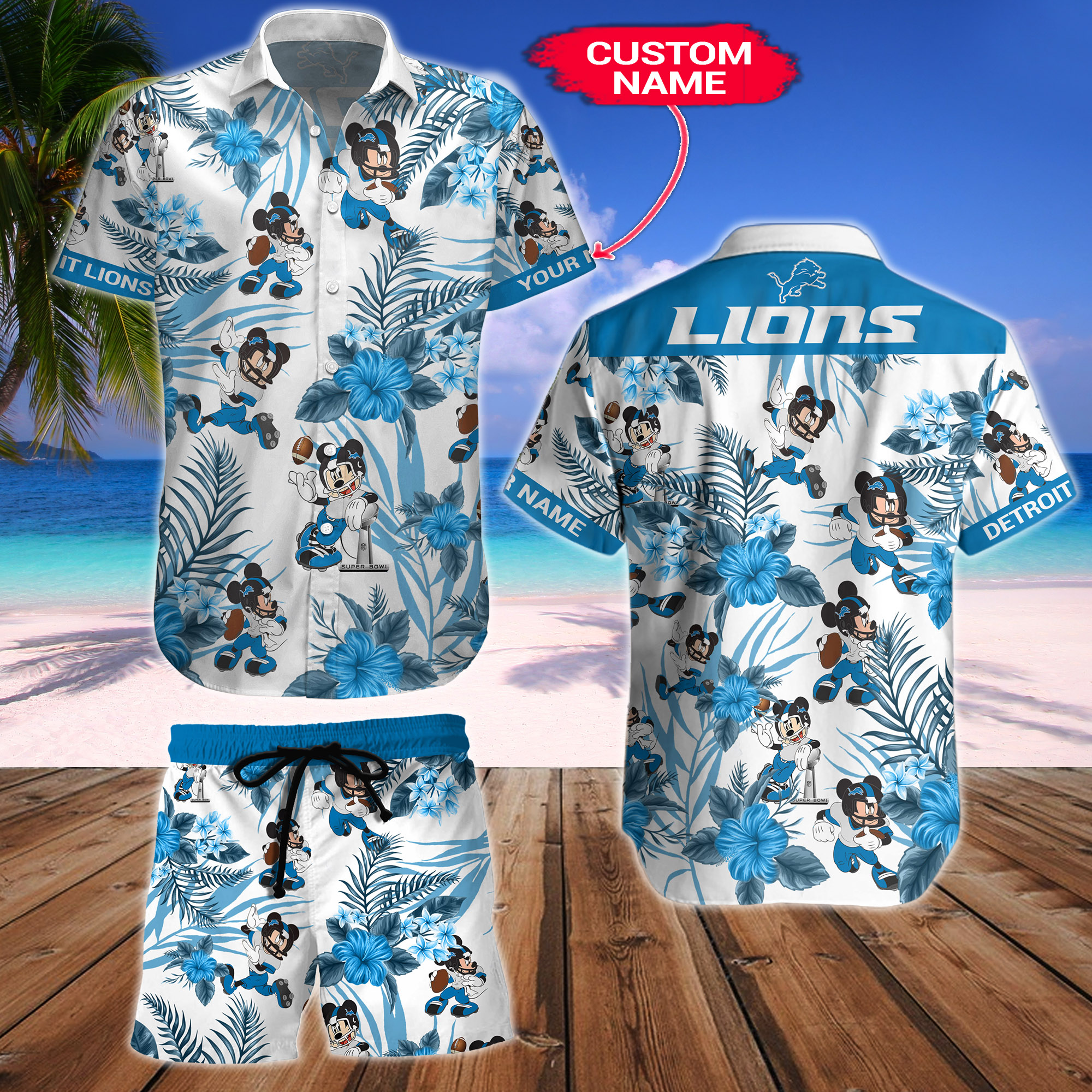Detroit Lions Mickey Custom Name Hawaiian Shirt