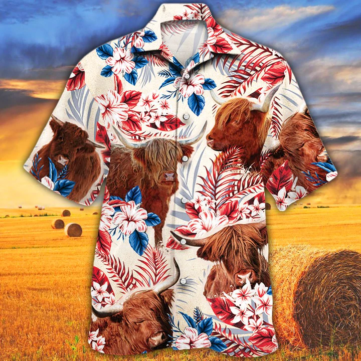 Highland Cattle Flower American Flag Hawaiian Shirt