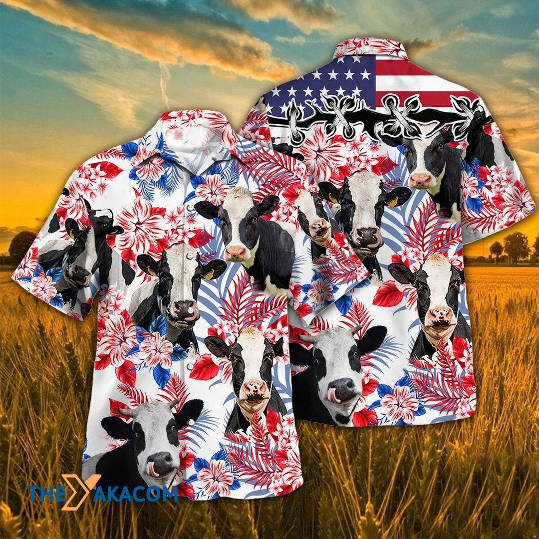 Independence Day Holstein Friesian Cattle Tropical Plant Hawaiian Shirt