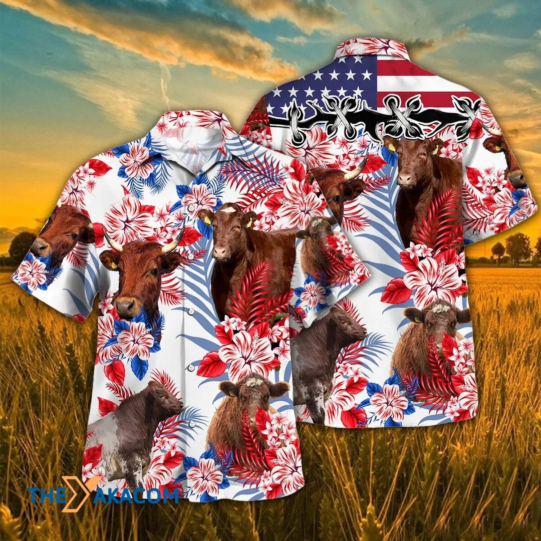 Independence Day Shorthorn Cattle Tropical Plant Hawaiian Shirt