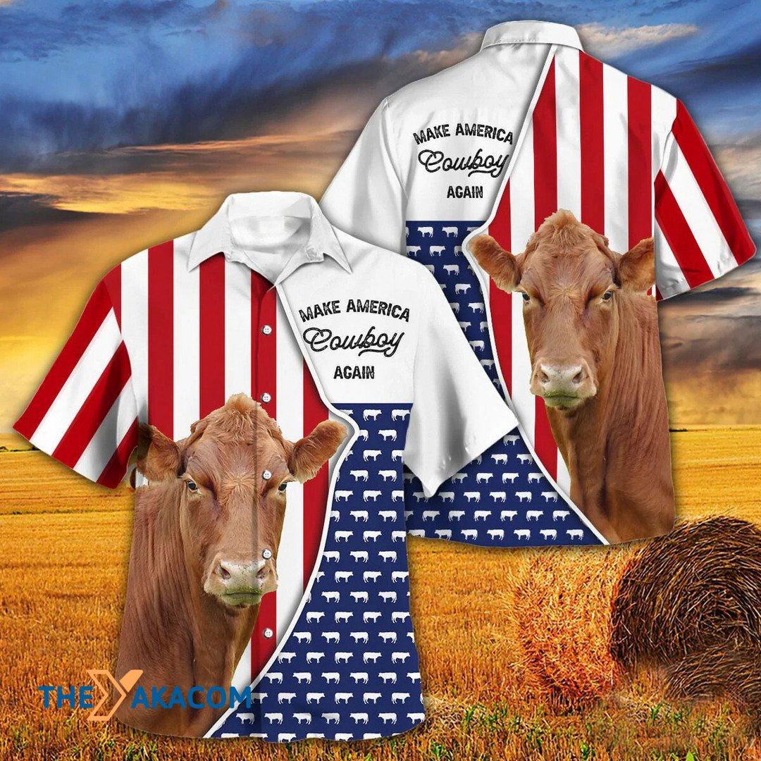 Independence Day Limousin Cattle Make America Cowboy Again Hawaiian Shirt