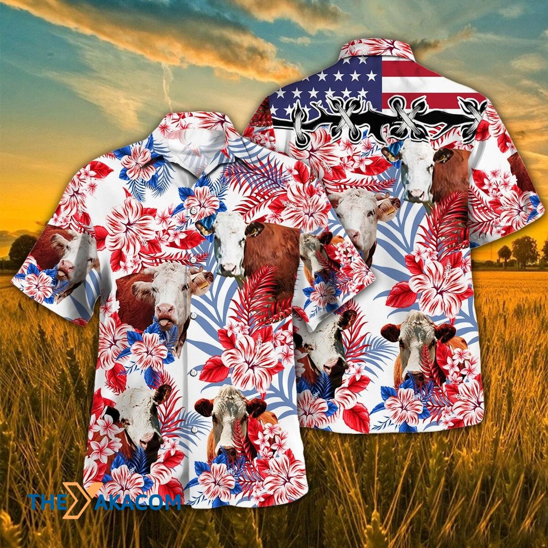 Independence Day Hereford Cattle Tropical Plant Hawaiian Shirt