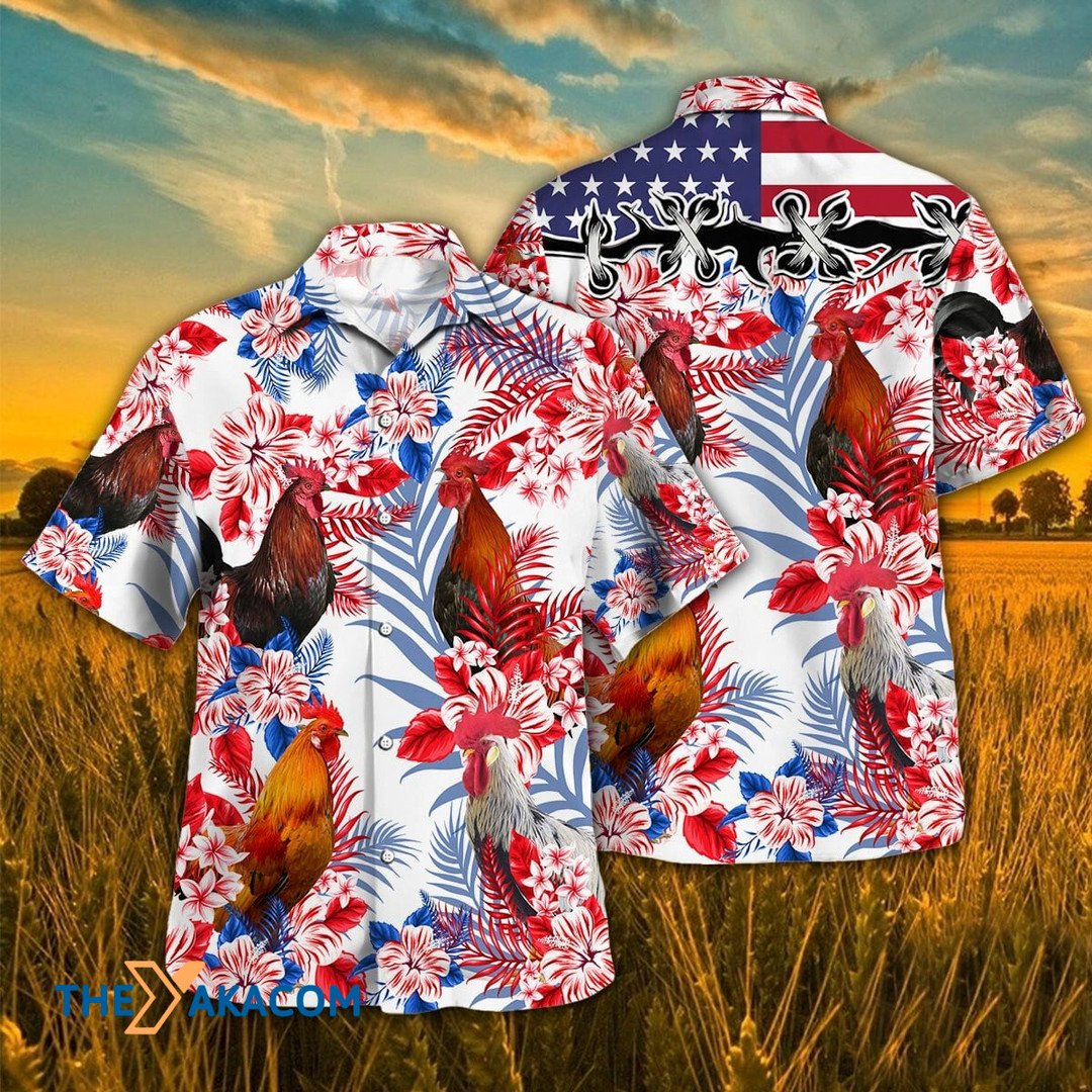 Independence Day Chicken Rooster Tropical Plant Hawaiian Shirt