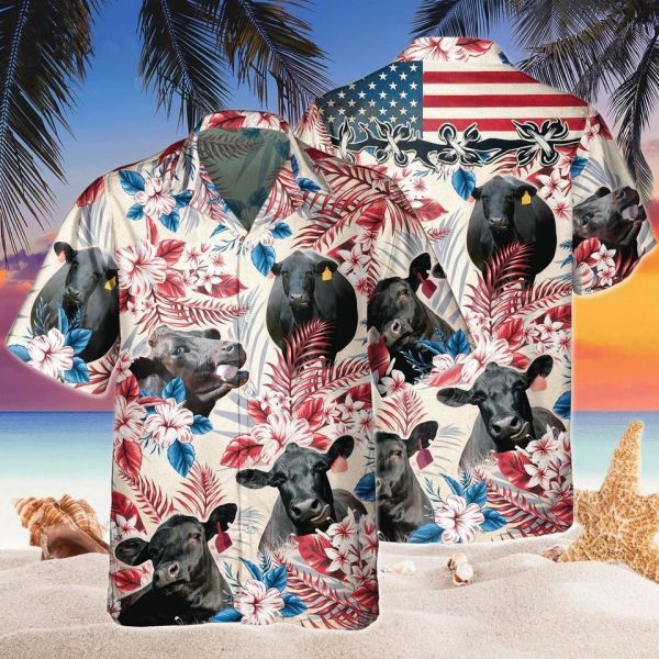 Black Angus Cow Tropical American Flag Hawaii Shirt