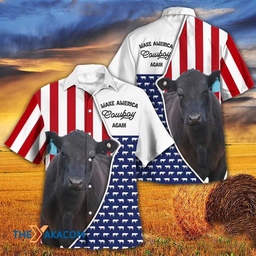 Independence Day Black Angus Cattle Make America Cowboy Again Hawaiian Shirt