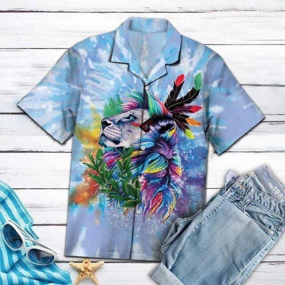 Tie-dye Native American Lion Colorful Feather Hawaiian Shirts