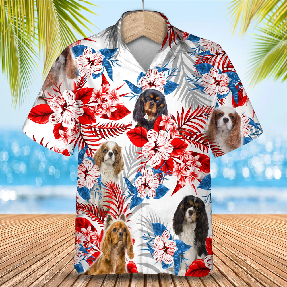 Cavalier King Charles Spaniel Flower American Flag Hawaiian Shirt