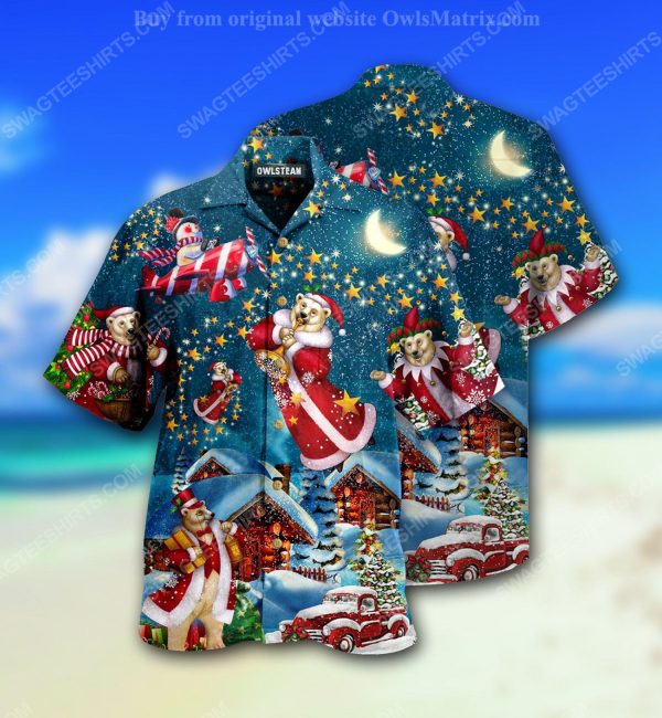 Bear santa and merry christmas full print hawaiian shirt