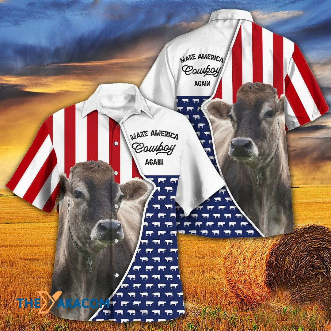 Independence Day Brown Swiss Cattle Make America Cowboy Again Hawaiian Shirt