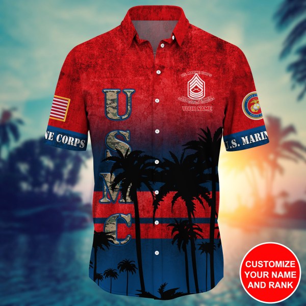 Marine Corps Military Custom Name And Rank Palm Tree Summer 2022 Hawaiian Shirt