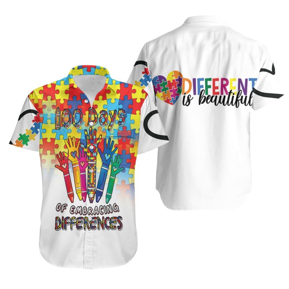 100 Days Of Embracing Differences Raise Hands Autism Support Hawaiian Shirt