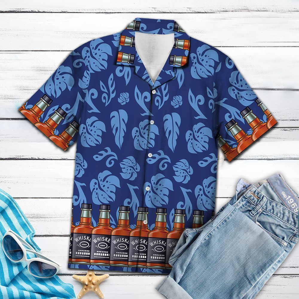 Whisky Palm Leaves Blue Hawaiian Shirt
