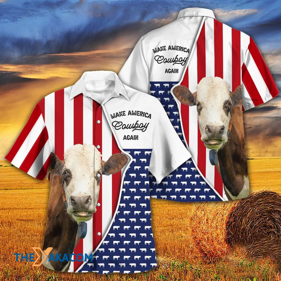 Independence Day Fleckvieh Cattle Make America Cowboy Again Hawaiian Shirt