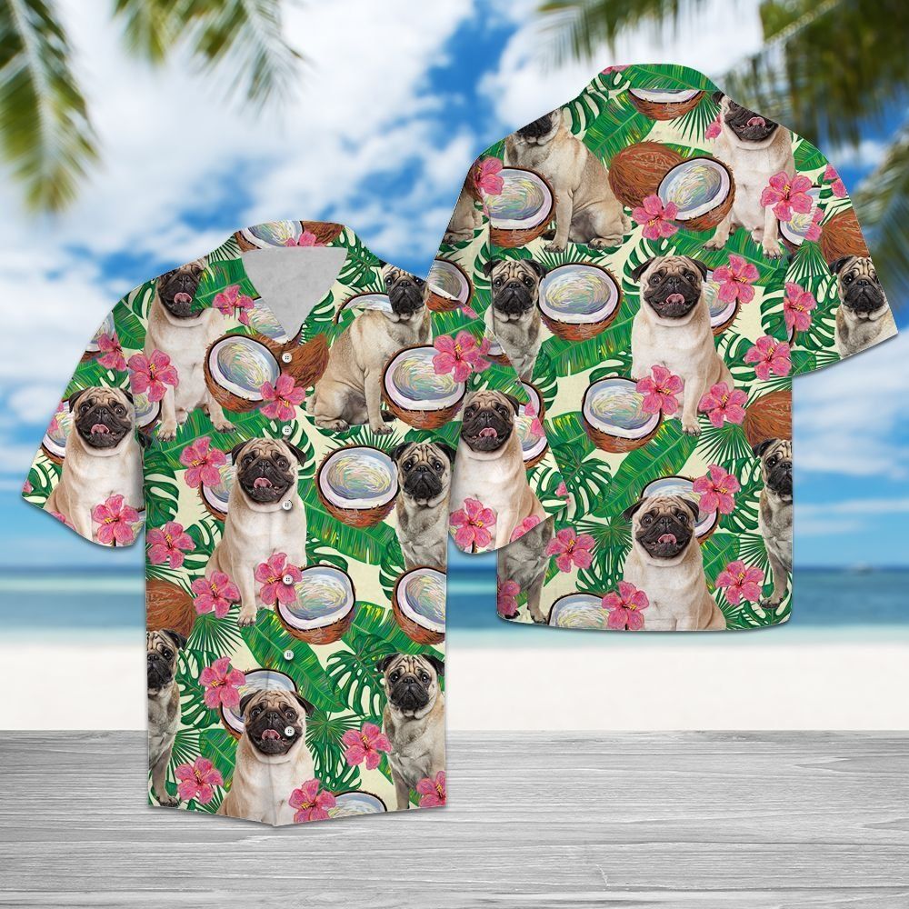 Pug Tropical Coconut Leaf Hawaiian Shirt