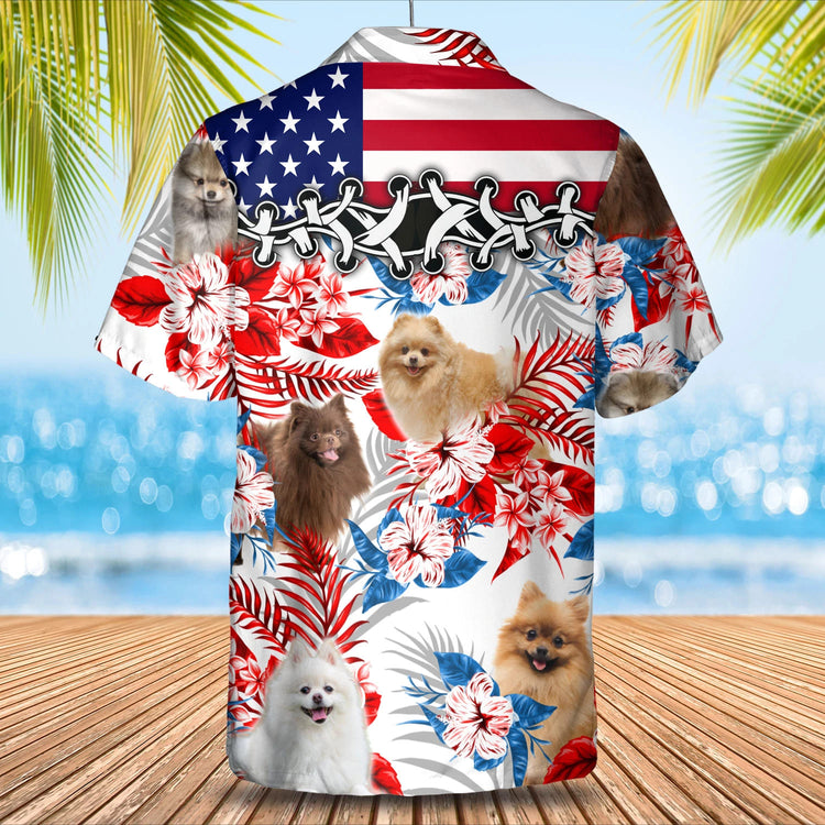 Pomeranian Flower American Flag Hawaiian Shirt